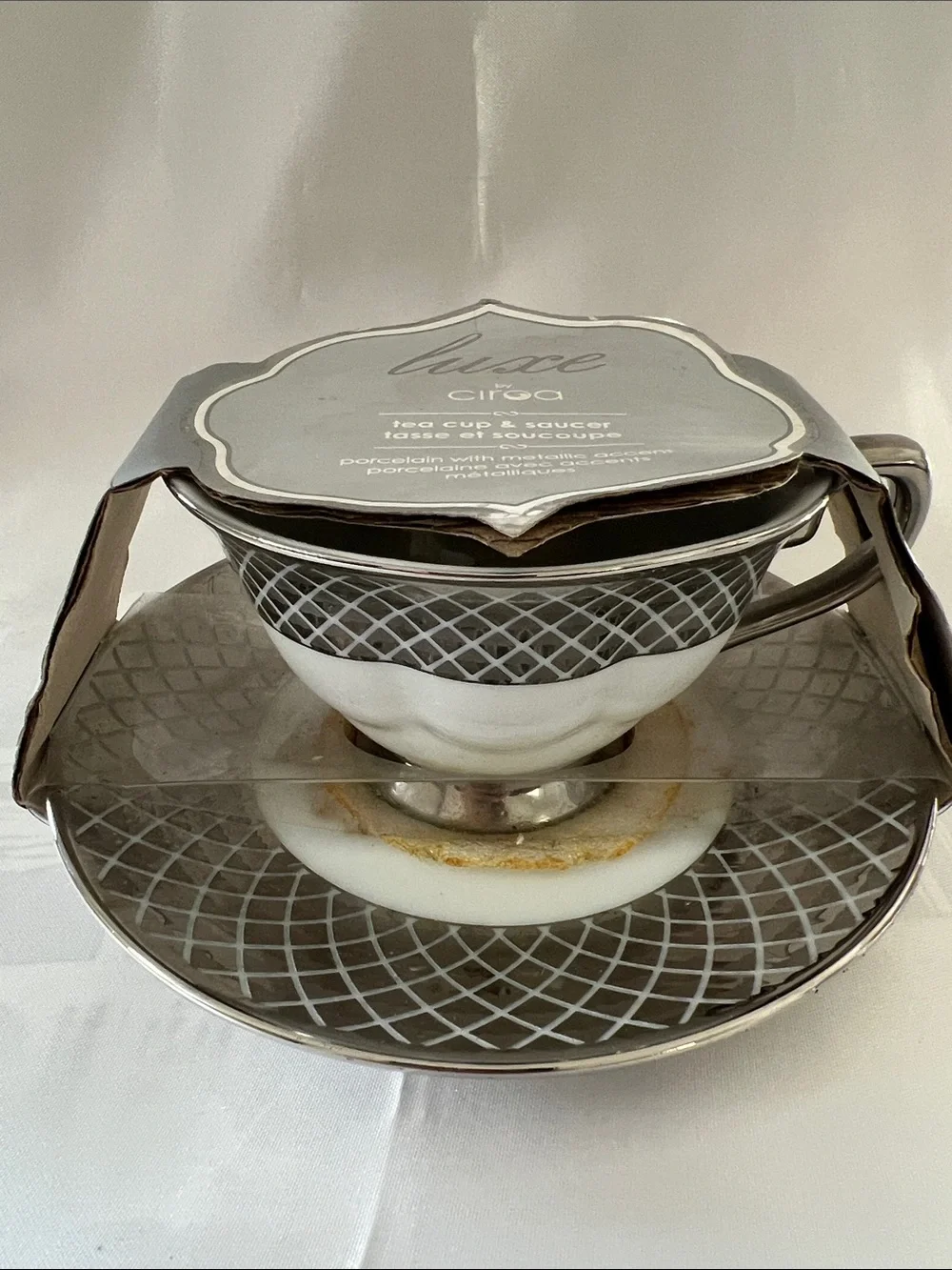 Luxe by Ciroa Gray Porcelain Tea Cup & Saucer with Silver Trim